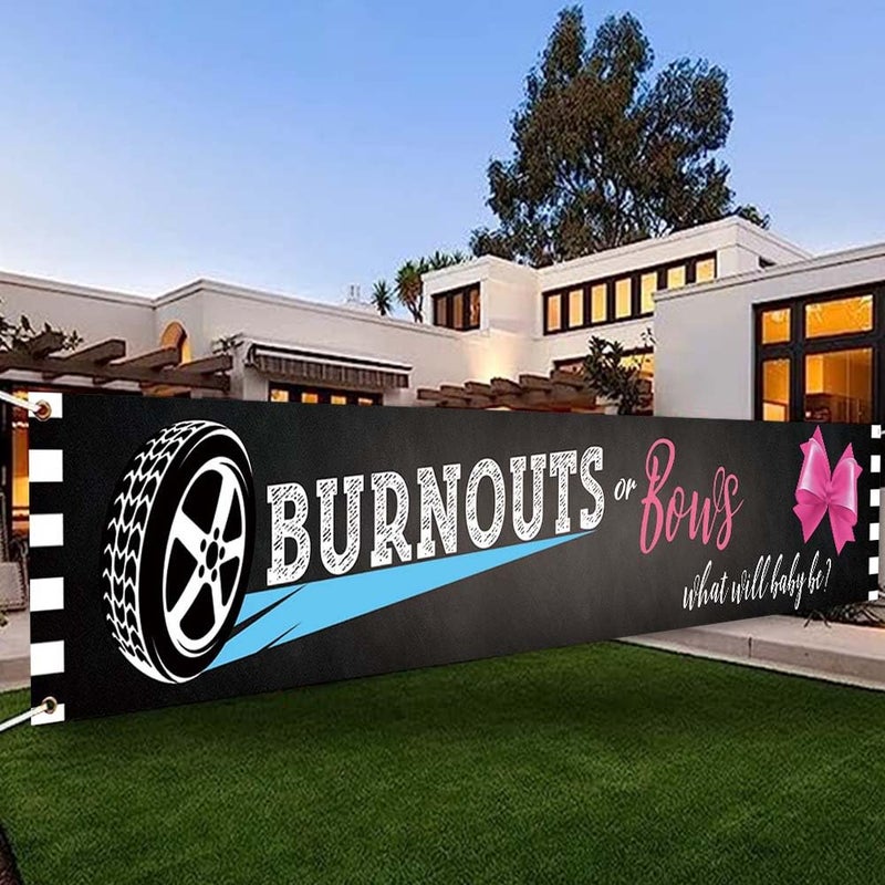 DOTOOMA 118 x 20 Inches Burnouts Or Bows Gender Reveal Banner Yard Sign Decoration Pink Bowknot Or Tyre Theme Party Polyester Supplies What Will Baby Shower Indoor Outdoor - Image 1